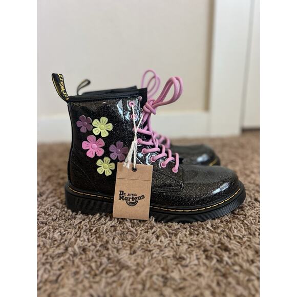 Dr Martens Junior 1460 Glitter & Flower Applique Lace Up Boots Sz 5 - Picture 2 of 9